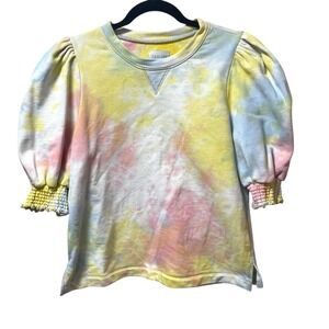 Saylor Tie Dye Puff Sleeve Sweatshirt Top Pastel Yellow Pink Blue Cotton M